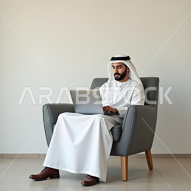 Emirati young man sitting on a chair and working on a laptop