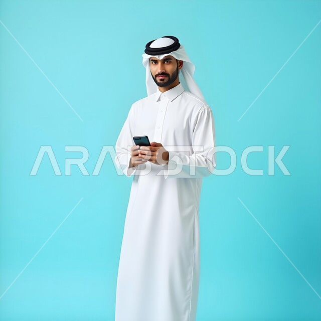 استخدام الهاتف المحمول في التواصل مع الأفراد، دردشة ومحادثات وتعارف، بورتريه لرجل عربي خليجي اماراتي يرتدي الزي التقليدي ويستخدم الجوال، تصفح الانترنت والتسوق الالكتروني, صورة الجسم بالطول الكامل, خلفية زرقاء