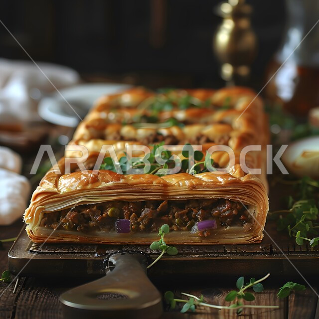 قطع من فطيرة اللحم الساخنة، إتقان مهارة إعداد المخبوزات والمعجنات في مطابخ المملكة، طبق من الفطائر الصحية المخبوزة الشهية، فن تقديم الأطباق في مطاعم السعودية، وصفات البرك باللحمة اللذيذة، وجبات فطور مغذية ومشبعة، استخدام رقائق العجين