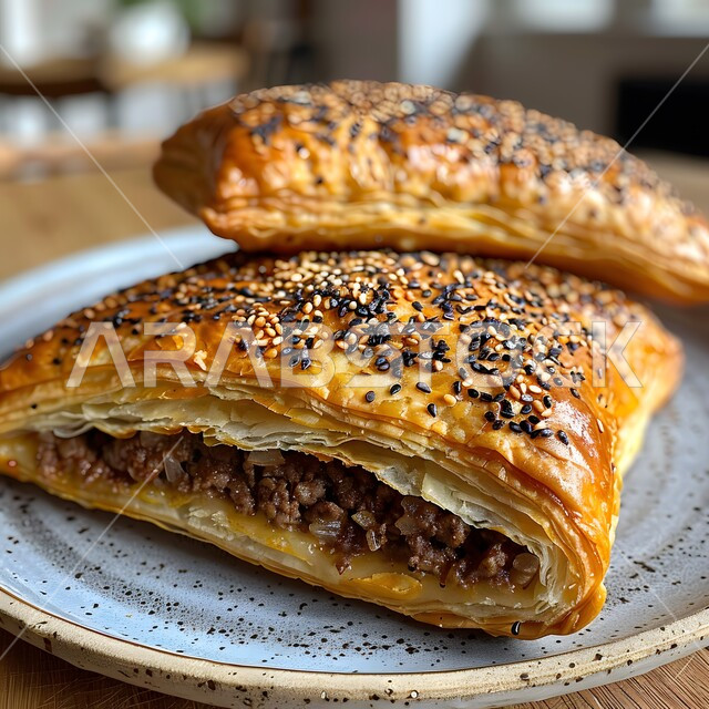 قطع من فطيرة اللحم الساخنة، إتقان مهارة إعداد المخبوزات والمعجنات في مطابخ المملكة، طبق من الفطائر الصحية المخبوزة الشهية، فن تقديم الأطباق في مطاعم السعودية، وصفات البرك باللحمة اللذيذة، وجبات فطور مغذية ومشبعة، استخدام رقائق العجين