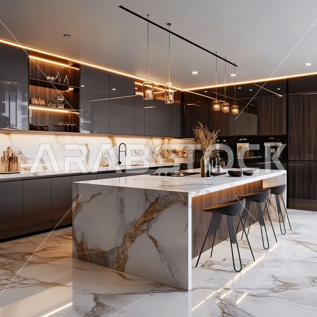 تصميم داخلي لمطبخ على الطراز الحديث, الديكورات العصرية للمطابخ الفاخرة في المملكة العربية السعودية، الأضواء المعلقة وتناسق الألوان, أثاث منزلي راقي، شقق وفلل سكنية مميزة