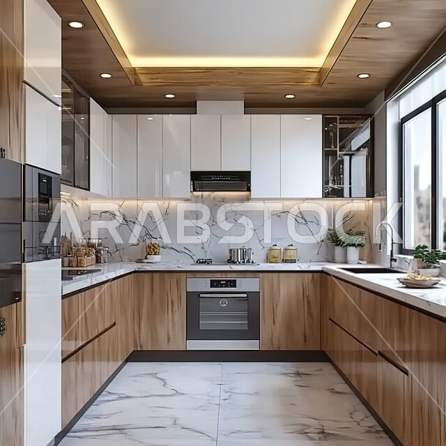 تصميم داخلي لمطبخ على الطراز الحديث, الديكورات العصرية للمطابخ الفاخرة في المملكة العربية السعودية، الأضواء المعلقة وتناسق الألوان, أثاث منزلي راقي، شقق وفلل سكنية مميزة