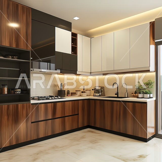 تصميم داخلي لمطبخ على الطراز الحديث, الديكورات العصرية للمطابخ الفاخرة في المملكة العربية السعودية، الأضواء المعلقة وتناسق الألوان, أثاث منزلي راقي، شقق وفلل سكنية مميزة