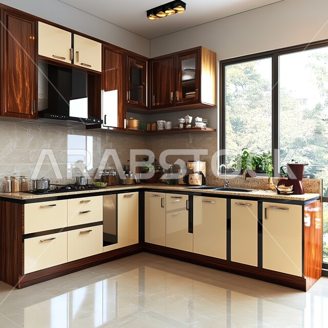 تصميم داخلي لمطبخ على الطراز الحديث, الديكورات العصرية للمطابخ الفاخرة في المملكة العربية السعودية، الأضواء المعلقة وتناسق الألوان, أثاث منزلي راقي، شقق وفلل سكنية مميزة