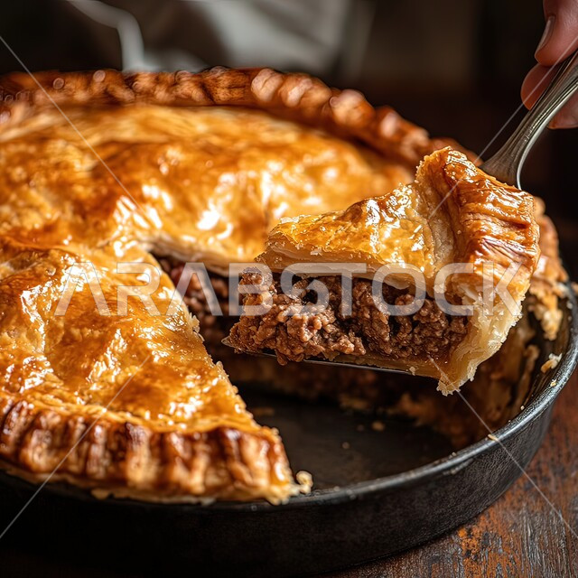 قطع من فطيرة اللحم الساخنة الهشة، إتقان مهارة إعداد المخبوزات والمعجنات في مطابخ المملكة، طبق من الفطائر الصحية المخبوزة الشهية، فن تقديم الأطباق في مطاعم السعودية, وجبات فطور مغذية ومشبعة