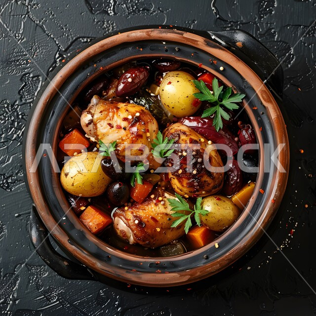 وجبات وأطباق عربية تقليدية شعبية ، طبق من الدجاج والبطاطا المحمره بالكاري والتوابل المزين بالبقدونس والجزر والخضراوات ، وصفات طعام المطبخ السعودي، مطاعم للمأكولات الشرقية الشهية، وجبات وأطباق عربية تقليدية شعبية