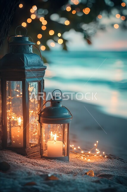 الاستمتاع والاستجمام في المناظر المميزة على الكورنيش، قضاء أوقات ترفيهية ممتعة، الفوانيس على الشاطئ في وقت غروب الشمس في المملكة العربية السعودية، أماكن جذب واستقطاب السائحين من أنحاء العالم، خلفيات الطبيعة