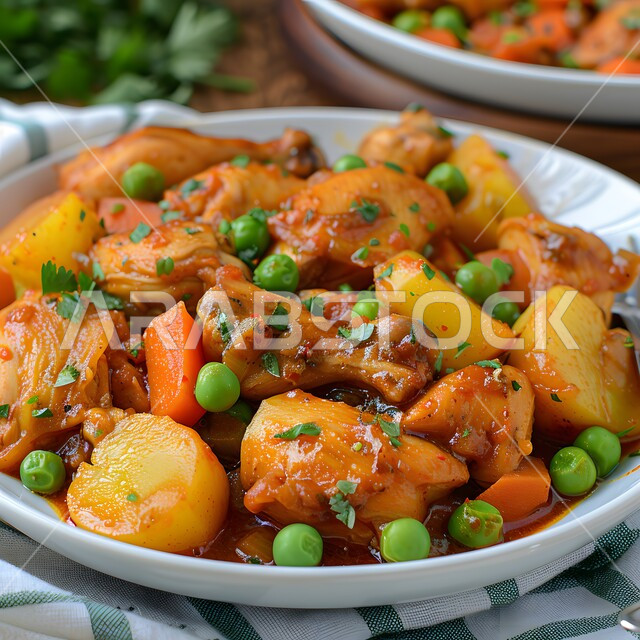 طبق من الدجاج والبطاطا المحمره بالكاري والتوابل المزين بالبقدونس والجزر والبازلاء  ، وصفات طعام المطبخ السعودي، مطاعم للمأكولات الشرقية الشهية، وجبات وأطباق عربية تقليدية شعبية