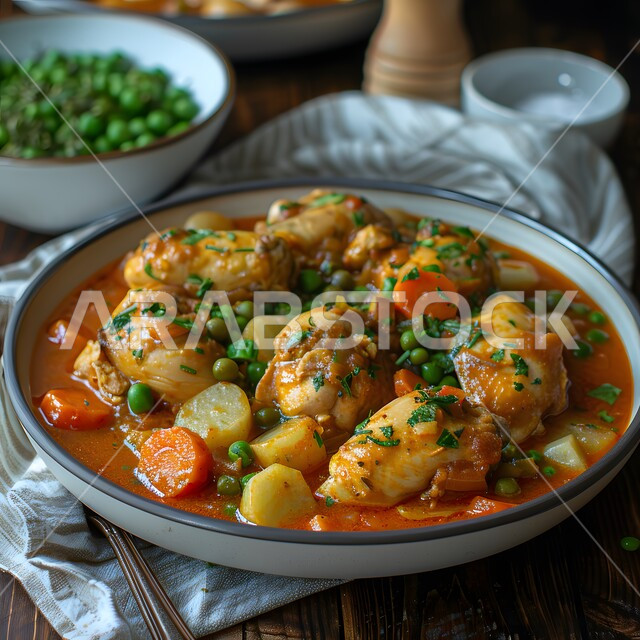 طبق من الدجاج والبطاطا المحمره بالكاري والتوابل المزين بالبقدونس والخضراوات ، وصفات طعام المطبخ السعودي، مطاعم للمأكولات الشرقية الشهية، وجبات وأطباق عربية تقليدية شعبية