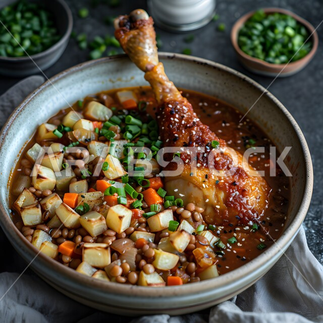 وجبات وأطباق عربية تقليدية شعبية ، طبق من الدجاج والبطاطا المحمره بالكاري والتوابل المزين بالبقدونس والجزر والخضراوات ، وصفات طعام المطبخ السعودي، مطاعم للمأكولات الشرقية الشهية، وجبات وأطباق عربية تقليدية شعبية