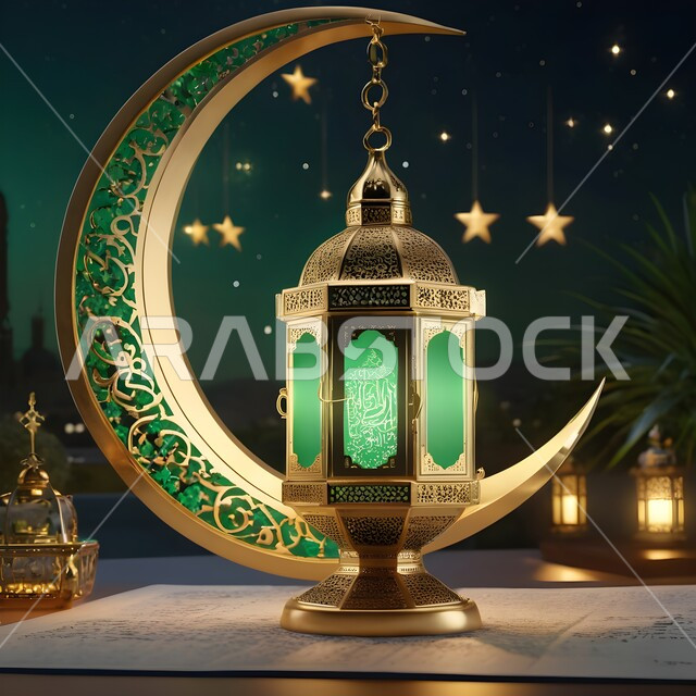 التصاميم و الديكورات الرمضانية المميزة, الأجواء الروحانية في شهر الخير, الاحتفال بالأعياد و المناسبات الدينية, زينة و أضواء على الطراز الإسلامي, البهجة بقدوم رمضان المبارك, فانوس معدني تقليدي مزخرف مضيء باللون الأخضر مع هلال