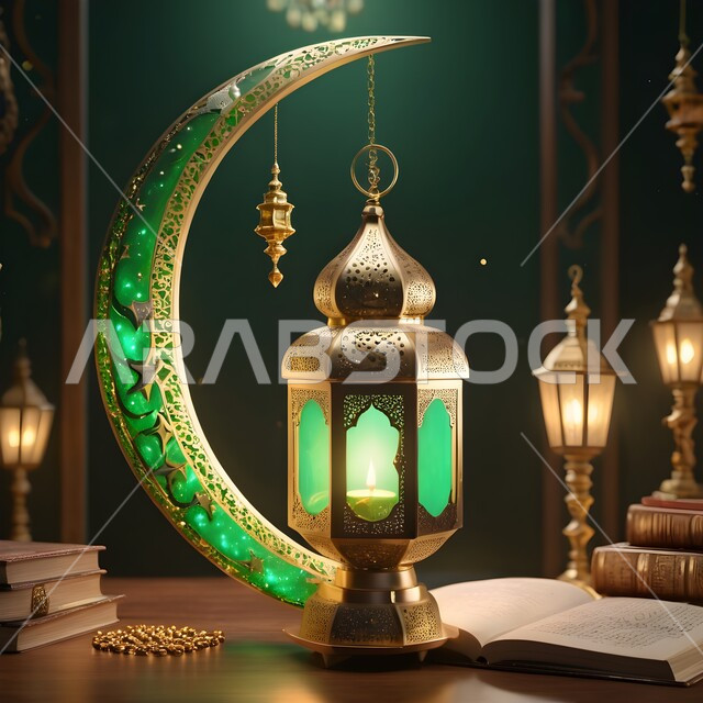 التصاميم و الديكورات الرمضانية المميزة, الأجواء الروحانية في شهر الخير, الاحتفال بالأعياد و المناسبات الدينية, زينة و أضواء على الطراز الإسلامي, البهجة بقدوم رمضان المبارك, فانوس معدني تقليدي مزخرف مضيء باللون الأخضر مع هلال