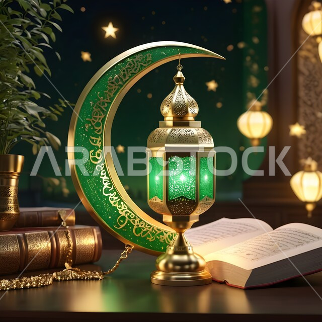 التصاميم و الديكورات الرمضانية المميزة, الأجواء الروحانية في شهر الخير, الاحتفال بالأعياد و المناسبات الدينية, زينة و أضواء على الطراز الإسلامي, البهجة بقدوم رمضان المبارك, فانوس معدني تقليدي مزخرف مضيء باللون الأخضر مع هلال