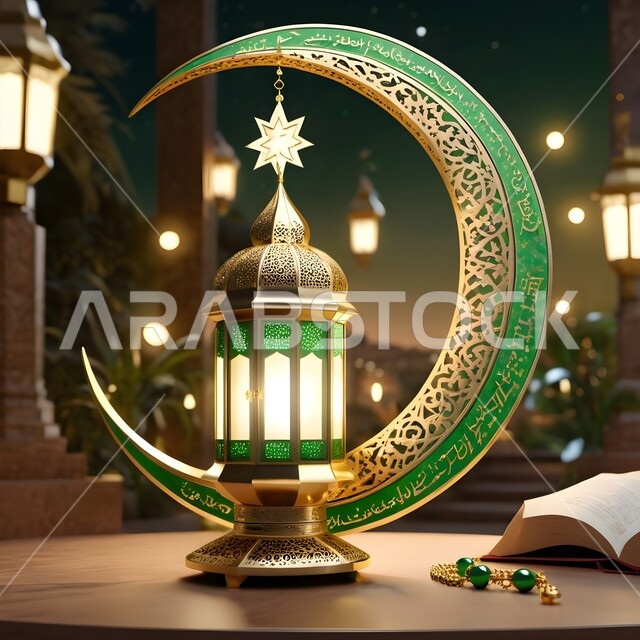 التصاميم و الديكورات الرمضانية المميزة, الأجواء الروحانية في شهر الخير, الاحتفال بالأعياد و المناسبات الدينية, زينة و أضواء على الطراز الإسلامي, البهجة بقدوم رمضان المبارك, فانوس معدني تقليدي مزخرف مضيء باللون الأخضر مع هلال