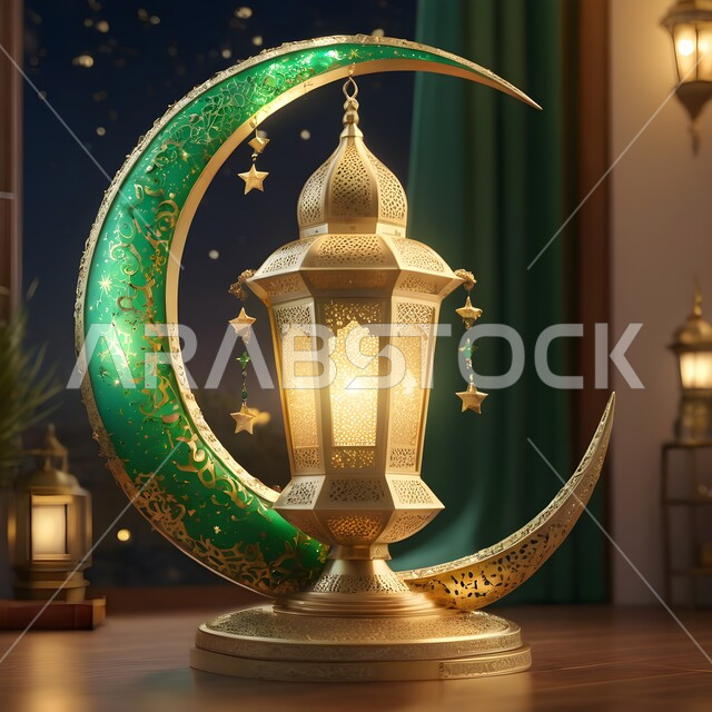 Distinctive Ramadan designs and decorations, spiritual atmosphere in the month of goodness, celebration of religious holidays and occasions, Islamic style decorations and lights, joy at the arrival of the blessed month of Ramadan, traditional decorated metal lantern illuminated in green with a crescent moon