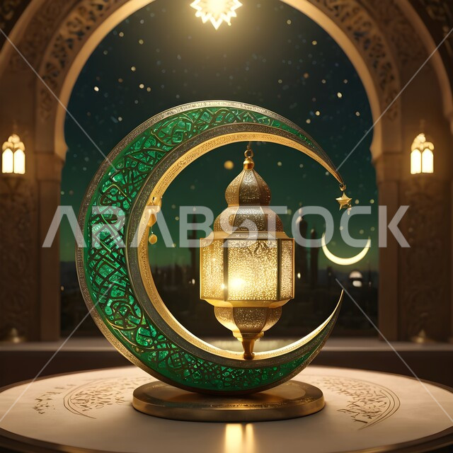 Distinctive Ramadan designs and decorations, spiritual atmosphere in the month of goodness, celebration of religious holidays and occasions, Islamic style decorations and lights, joy at the arrival of the blessed month of Ramadan, traditional decorated metal lantern illuminated in green with a crescent moon