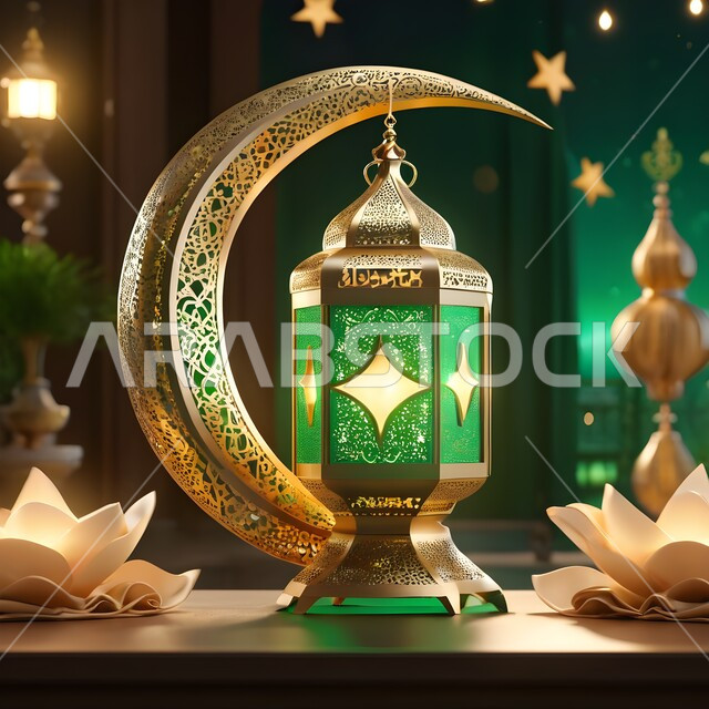 التصاميم و الديكورات الرمضانية المميزة, الأجواء الروحانية في شهر الخير, الاحتفال بالأعياد و المناسبات الدينية, زينة و أضواء على الطراز الإسلامي, البهجة بقدوم رمضان المبارك, فانوس معدني تقليدي مزخرف مضيء باللون الأخضر مع هلال