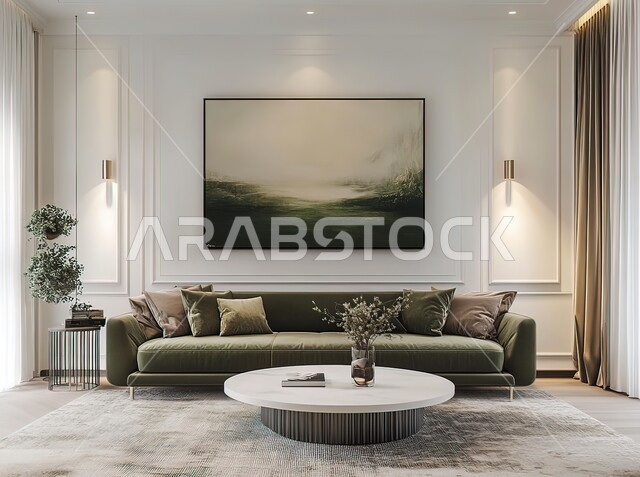 الديكورات الداخلية الراقية للفلل والشقق السكنية في المملكة العربية السعودية، الطراز الفاخر في التصاميم الداخلية لغرف الجلوس، اكسسوارات وتحف عصرية، غرفة معيشة مع أثاث منزلي بالألوان المتناسقة