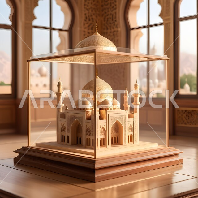 مجسم ثلاثي الأبعاد لمسجد مصمم على الطراز الاسلامي بداخل صندوق زجاجي على طاولة خشبية, الفن الهندسي المعماري لبناء المساجد في المملكة العربية السعودية, المعالم الدينية الإسلامية المقدسة, القبب والمآذن الشامخة, أداء الفرائض والصلوات والتقرب إلى الله