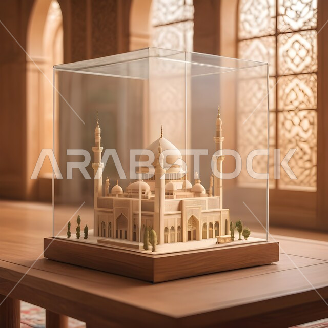 مجسم ثلاثي الأبعاد لمسجد مصمم على الطراز الاسلامي بداخل صندوق زجاجي على طاولة خشبية, الفن الهندسي المعماري لبناء المساجد في المملكة العربية السعودية, المعالم الدينية الإسلامية المقدسة, القبب والمآذن الشامخة, أداء الفرائض والصلوات والتقرب إلى الله