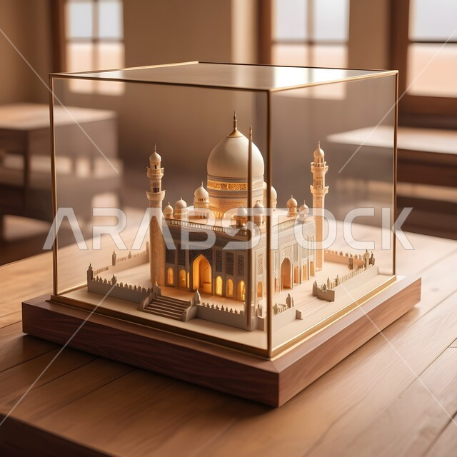 مجسم ثلاثي الأبعاد لمسجد مصمم على الطراز الاسلامي بداخل صندوق زجاجي على طاولة خشبية, الفن الهندسي المعماري لبناء المساجد في المملكة العربية السعودية, المعالم الدينية الإسلامية المقدسة, القبب والمآذن الشامخة, أداء الفرائض والصلوات والتقرب إلى الله