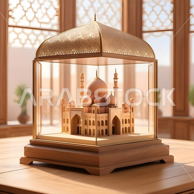 مجسم ثلاثي الأبعاد لمسجد مصمم على الطراز الاسلامي بداخل صندوق زجاجي على طاولة خشبية, الفن الهندسي المعماري لبناء المساجد في المملكة العربية السعودية, المعالم الدينية الإسلامية المقدسة, القبب والمآذن الشامخة, أداء الفرائض والصلوات والتقرب إلى الله