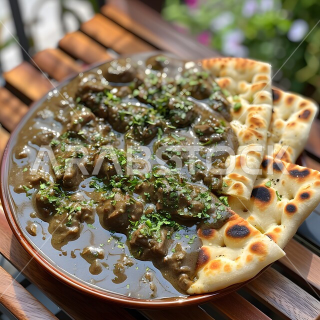 وجبات وأطباق شعبية، المأكولات الشرقية الشهية، فنون تقديم الطعام في مطاعم المملكة العربية السعودية، وصفات الاطعمة التقليدية، صورة مقربة لطبق من لحم الضأن والخبز