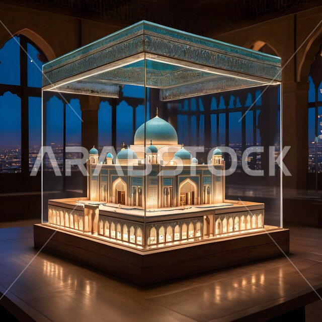 الفن الهندسي المعماري لبناء المساجد في المملكة العربية السعودية, مجسم ثلاثي الأبعاد لمسجد مصمم على الطراز الاسلامي بداخل صندوق زجاجي على طاولة خشبية, المعالم الدينية الإسلامية المقدسة, القبب والمآذن الشامخة, أداء الفرائض والصلوات والتقرب إلى الله