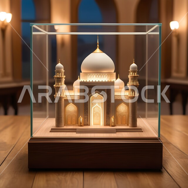 الفن الهندسي المعماري لبناء المساجد في المملكة العربية السعودية, مجسم ثلاثي الأبعاد لمسجد مصمم على الطراز الاسلامي بداخل صندوق زجاجي على طاولة خشبية, المعالم الدينية الإسلامية المقدسة, القبب والمآذن الشامخة, أداء الفرائض والصلوات والتقرب إلى الله