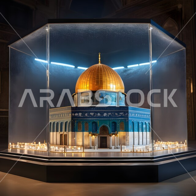 المعالم الدينية الإسلامية المقدسة, القبب والمآذن الشامخة, الفن الهندسي المعماري لبناء المساجد في المملكة العربية السعودية, مجسم ثلاثي الأبعاد لمسجد مصمم على الطراز الاسلامي بداخل صندوق زجاجي على طاولة خشبية, أداء الفرائض والصلوات والتقرب إلى الله