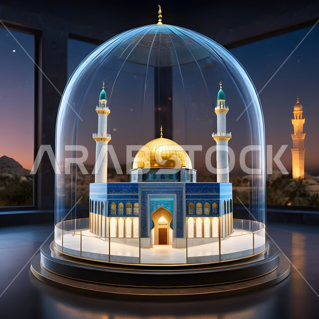المعالم الدينية الإسلامية المقدسة, القبب والمآذن الشامخة, الفن الهندسي المعماري لبناء المساجد في المملكة العربية السعودية, مجسم ثلاثي الأبعاد لمسجد مصمم على الطراز الاسلامي بداخل صندوق زجاجي على طاولة خشبية, أداء الفرائض والصلوات والتقرب إلى الله