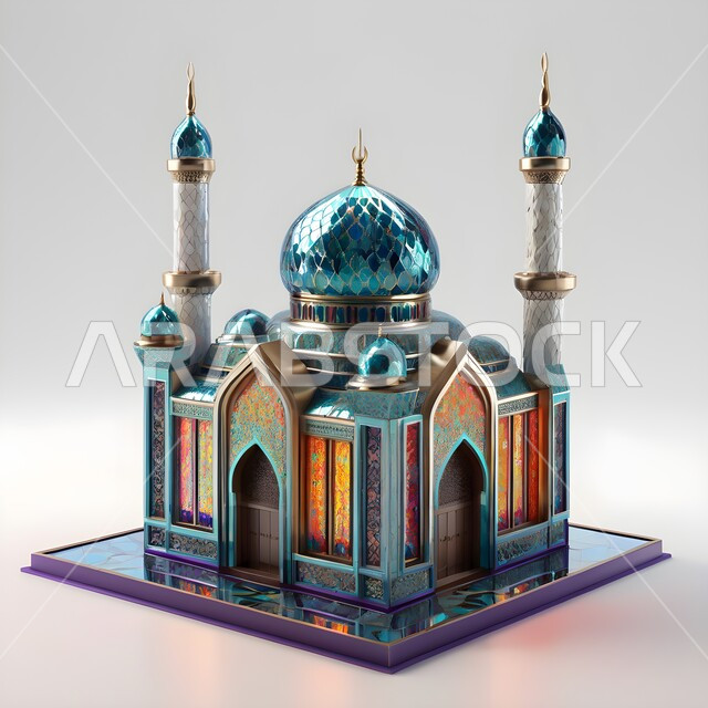 Performing religious duties and prayers and getting closer to God, sacred Islamic religious landmarks, towering domes and minarets, architectural engineering art of building mosques in the Kingdom of Saudi Arabia, 3D model of a mosque designed in the Islamic style, white background