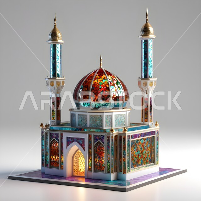 الفن الهندسي المعماري لبناء المساجد في المملكة العربية السعودية, مجسم ثلاثي الأبعاد لمسجد مصمم على الطراز الاسلامي، المعالم الدينية الإسلامية المقدسة, القبب والمآذن الشامخة, أداء الفرائض والصلوات والتقرب إلى الله، خلفية بيضاء