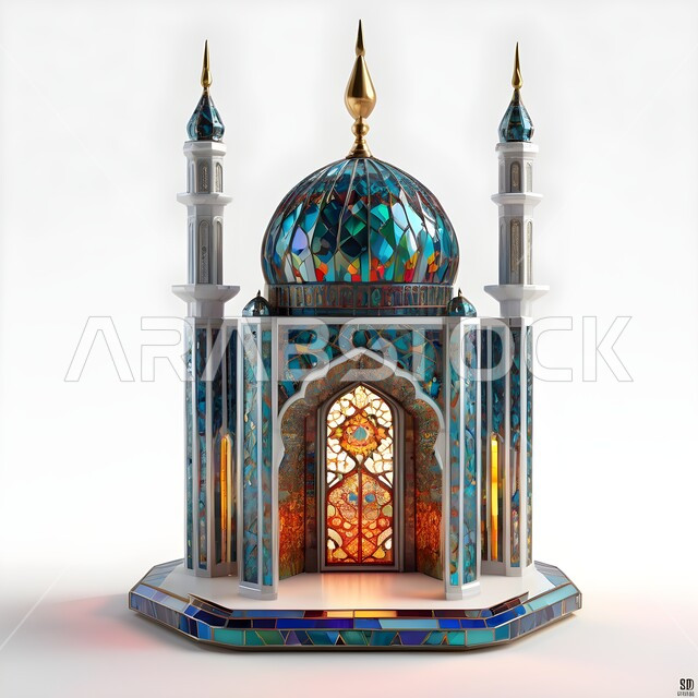مجسم ثلاثي الأبعاد لمسجد مصمم على الطراز الاسلامي، الفن الهندسي المعماري لبناء المساجد في المملكة العربية السعودية, المعالم الدينية الإسلامية المقدسة, القبب والمآذن الشامخة, أداء الفرائض والصلوات والتقرب إلى الله، خلفية بيضاء