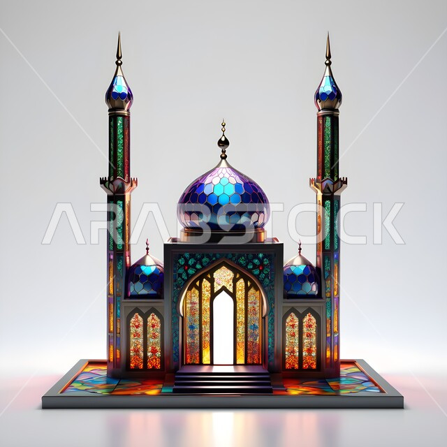 مجسم ثلاثي الأبعاد لمسجد مصمم على الطراز الاسلامي، الفن الهندسي المعماري لبناء المساجد في المملكة العربية السعودية, المعالم الدينية الإسلامية المقدسة, القبب والمآذن الشامخة, أداء الفرائض والصلوات والتقرب إلى الله، خلفية بيضاء