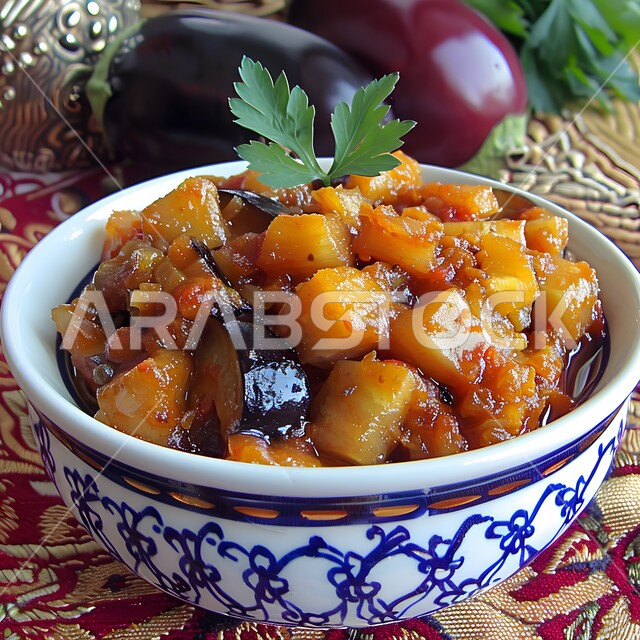  وصفات غداء تقليدي في مطاعم المملكة العربية السعودية، طبق من الباذنجان المطبوخ بالخضار مع الصلصة الحارة، أطعمة وأطباق شهيرة في المطبخ السعودي، أكلات شعبية عربية خليجية، وجبات الخضروات الصحية والغنية بالفيتامينات