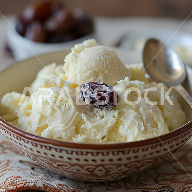 آيس كريم مزين بحبة تمر طازجة، صحن من البوظة بنكهة الفانيلا، مرطبات فصل الصيف، الأطعمة المليئة بالسكريات والسعرات الحرارية، حلويات صيفية باردة