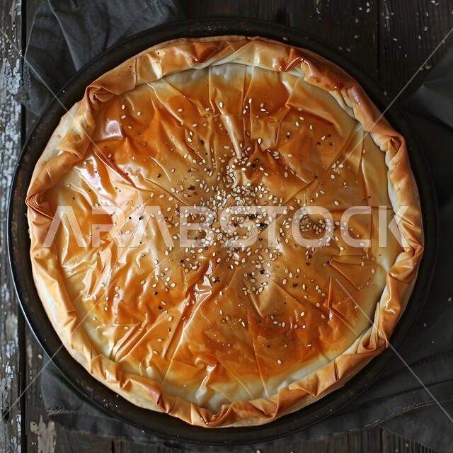 إتقان مهارة إعداد المخبوزات والمعجنات في مطابخ المملكة العربية السعودية ، طبق من فطيرة الفيلو المغطاة بالسمسم المخبوزة الشهية، فن تقديم الأطباق في المطاعم ،أكلات عربية شرقية