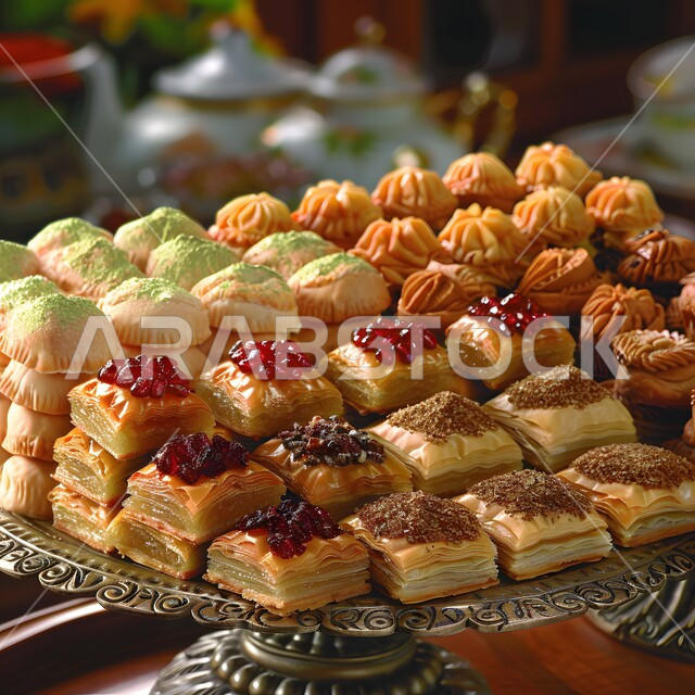 Mastering the skill of preparing baked goods and pastries in the kitchens of the Kingdom of Saudi Arabia, a plate of delicious and colorful baked Manakish, the art of serving dishes in restaurants, Arabic ingredients and recipes