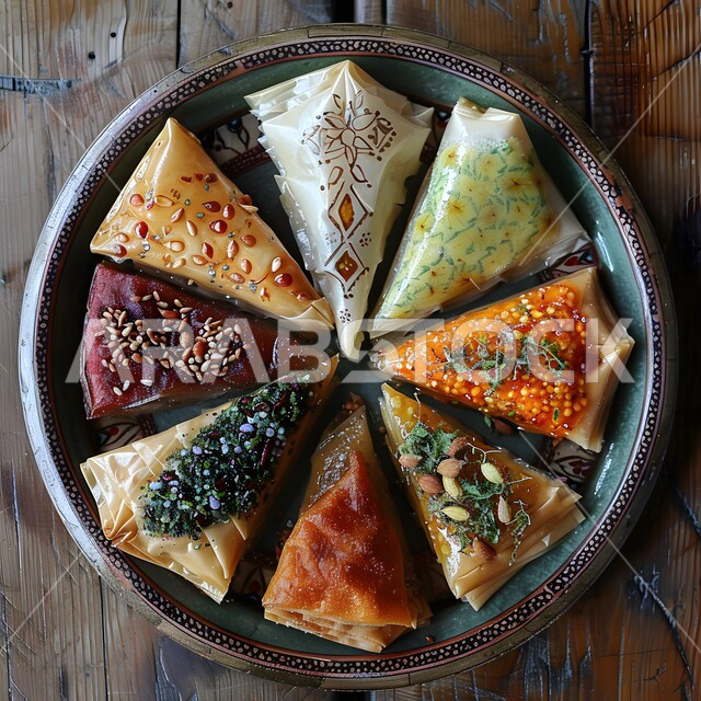 إتقان مهارة إعداد المخبوزات والمعجنات في مطابخ المملكة العربية السعودية ،طبق من المناقيش المخبوزة الشهية الملونة ،فن تقديم الأطباق في المطاعم ،مكونات ووصفات عربية