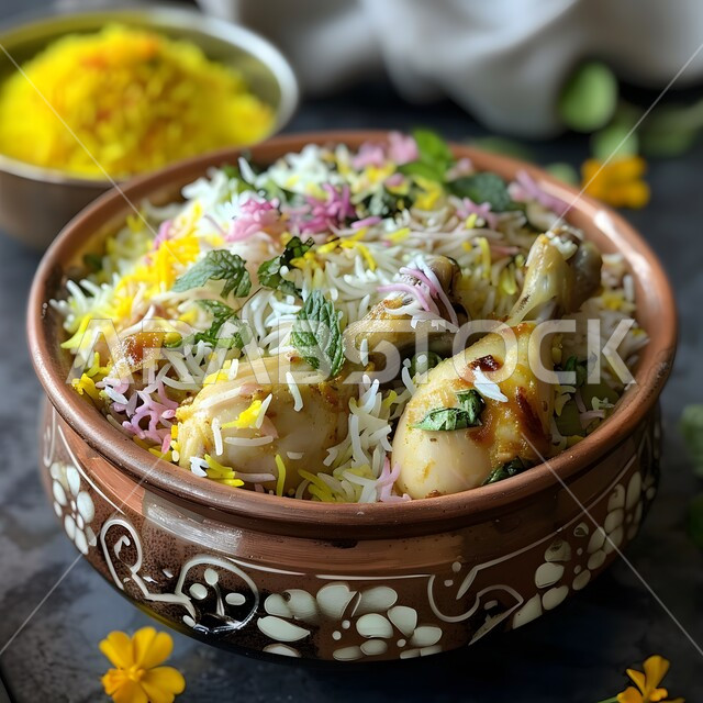 طبق من ارز البرياني الملون مع الدجاج المشوي المحمر والخضار، وجبة ذات قيمة غذائية عالية، فنون التقديم في مطاعم ومطابخ المملكة العربية السعودية، أطباق من المأكولات العربية التقليدية الشعبية، وصفات طعام شهية صحية لذيذة