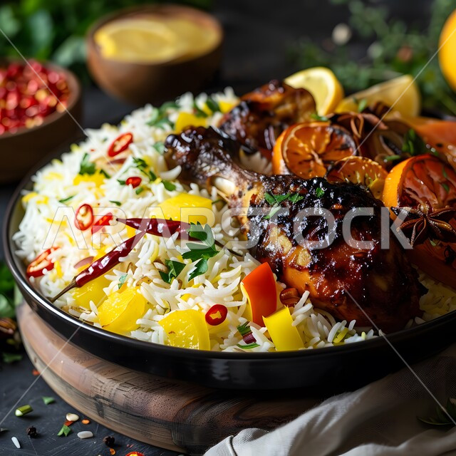 طبق من ارز البرياني الملون مع الدجاج المشوي المحمر والخضار، وجبة ذات قيمة غذائية عالية، فنون التقديم في مطاعم ومطابخ المملكة العربية السعودية، أطباق من المأكولات العربية التقليدية الشعبية، وصفات طعام شهية صحية لذيذة