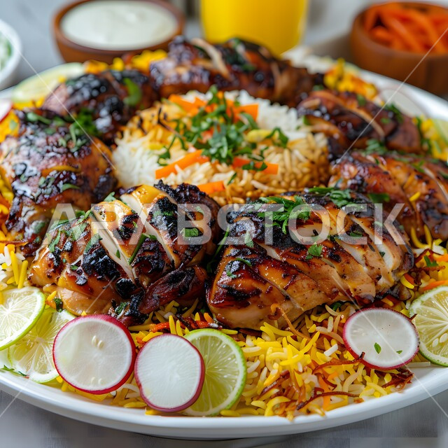 طبق من ارز البرياني الملون مع الدجاج المشوي المحمر والخضار، وجبة ذات قيمة غذائية عالية، فنون التقديم في مطاعم ومطابخ المملكة العربية السعودية، أطباق من المأكولات العربية التقليدية الشعبية، وصفات طعام شهية صحية لذيذة