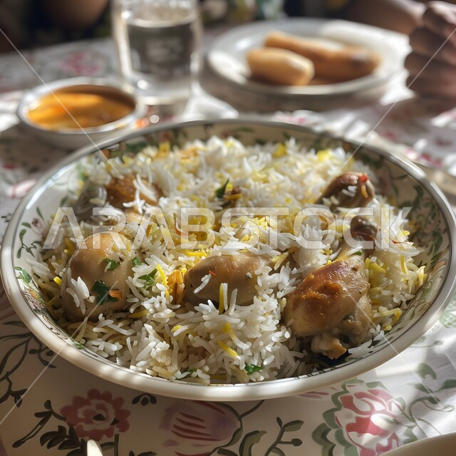 طبق من ارز البرياني الملون مع الدجاج المشوي المحمر والخضار، وجبة ذات قيمة غذائية عالية، فنون التقديم في مطاعم ومطابخ المملكة العربية السعودية، أطباق من المأكولات العربية التقليدية الشعبية، وصفات طعام شهية صحية لذيذة