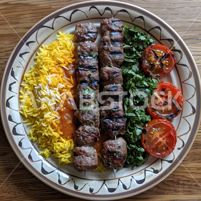 اسياخ اللحم المشوية مع الأرز والطماطم والخضار، وجبة ذات قيمة غذائية عالية، فنون التقديم في مطاعم ومطابخ المملكة العربية السعودية، أطباق من المأكولات العربية التقليدية الشعبية، وصفات طعام شهية صحية لذيذة