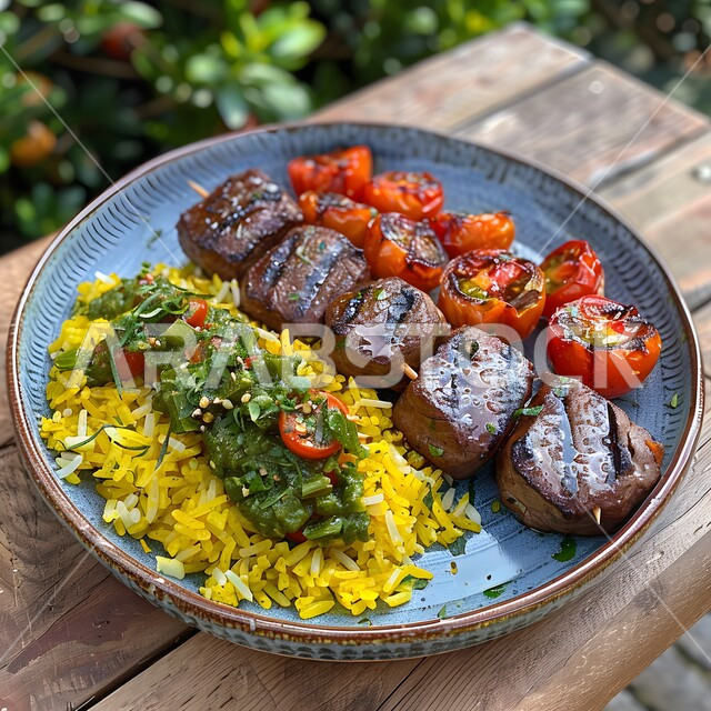 اسياخ اللحم المشوية مع الأرز والطماطم والخضار، وجبة ذات قيمة غذائية عالية، فنون التقديم في مطاعم ومطابخ المملكة العربية السعودية، أطباق من المأكولات العربية التقليدية الشعبية، وصفات طعام شهية صحية لذيذة