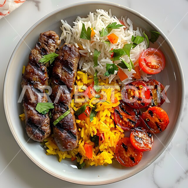اسياخ اللحم المشوية مع الأرز والطماطم والخضار، وجبة ذات قيمة غذائية عالية، فنون التقديم في مطاعم ومطابخ المملكة العربية السعودية، أطباق من المأكولات العربية التقليدية الشعبية، وصفات طعام شهية صحية لذيذة