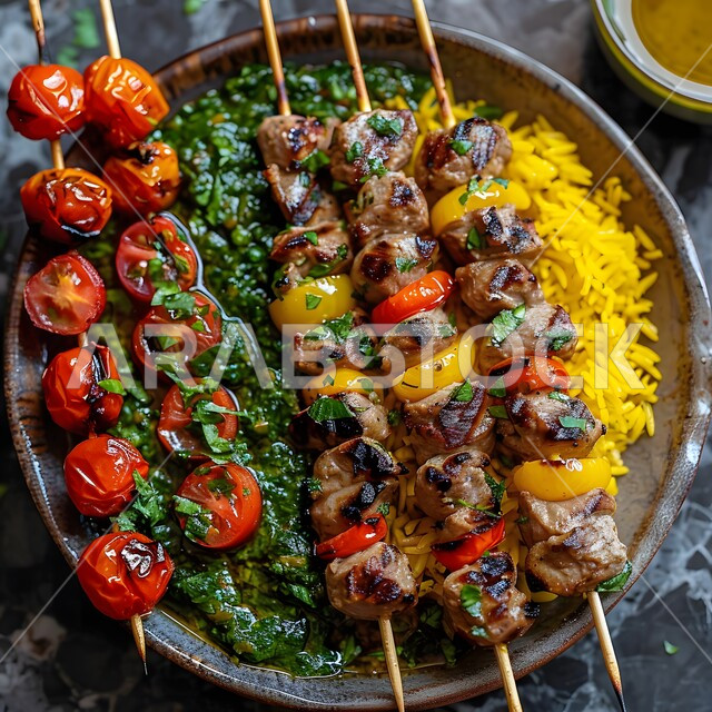 اسياخ اللحم المشوية مع الأرز والطماطم والخضار، وجبة ذات قيمة غذائية عالية، فنون التقديم في مطاعم ومطابخ المملكة العربية السعودية، أطباق من المأكولات العربية التقليدية الشعبية، وصفات طعام شهية صحية لذيذة