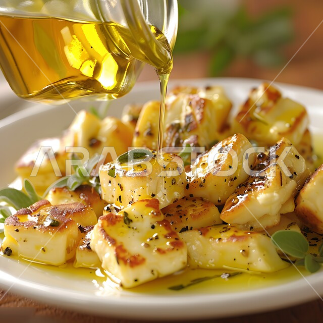 وجبة ذات قيمة غذائية عالية، فنون التقديم في مطاعم ومطابخ المملكة العربية السعودية، أطباق من المأكولات العربية التقليدية الشعبية، وصفات طعام شهية صحية لذيذة ، جبنة الحلوم المشوية مع زيت الزيتون