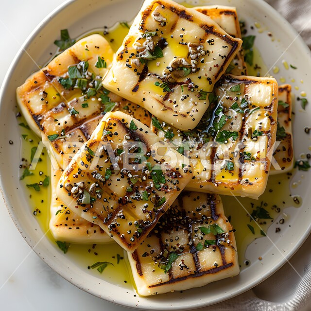 فنون التقديم في مطاعم ومطابخ المملكة العربية السعودية، أطباق من المأكولات العربية التقليدية الشعبية، وصفات طعام شهية صحية لذيذة ، جبنة الحلوم المشوية مع زيت الزيتون ، وجبة ذات قيمة غذائية عالية